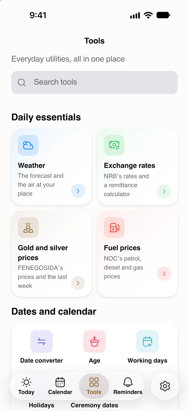 The Tools tab: weather, exchange rates, gold and silver prices, fuel prices and more.